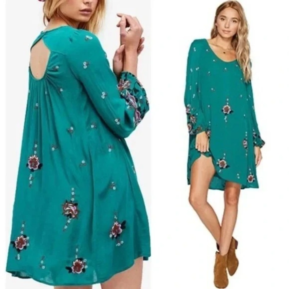 Free People Oxford Mini Dress Womens L Green Embroidered Open Back Boho - Picture 2 of 8